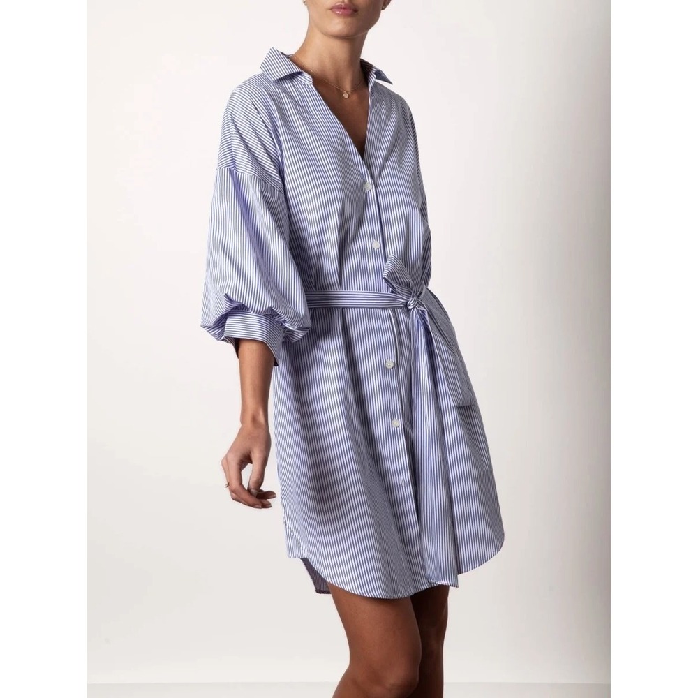Brochu Walker Havana Mini Shirt Dress Blue White Striped Puff Sleeve Belted M